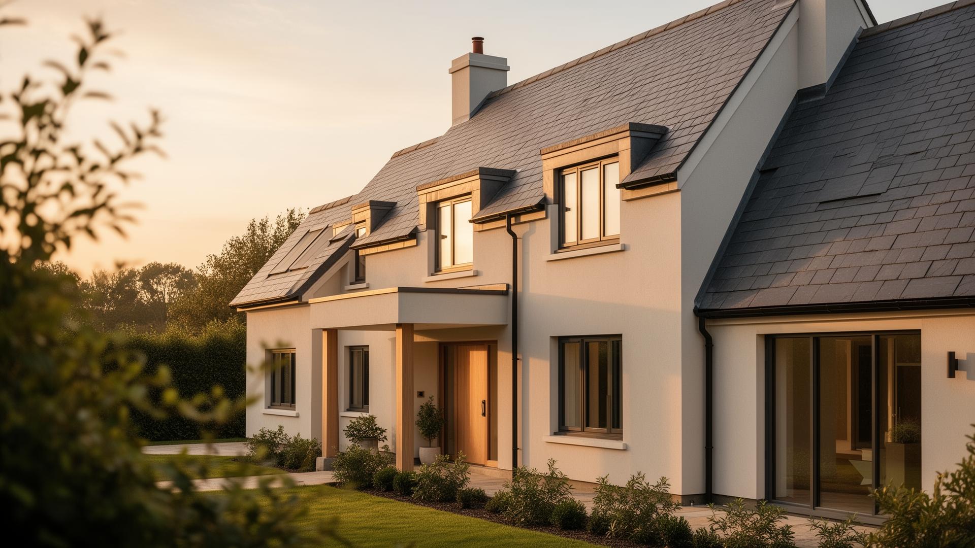 Beautiful British residential home with new slate roof at golden hour