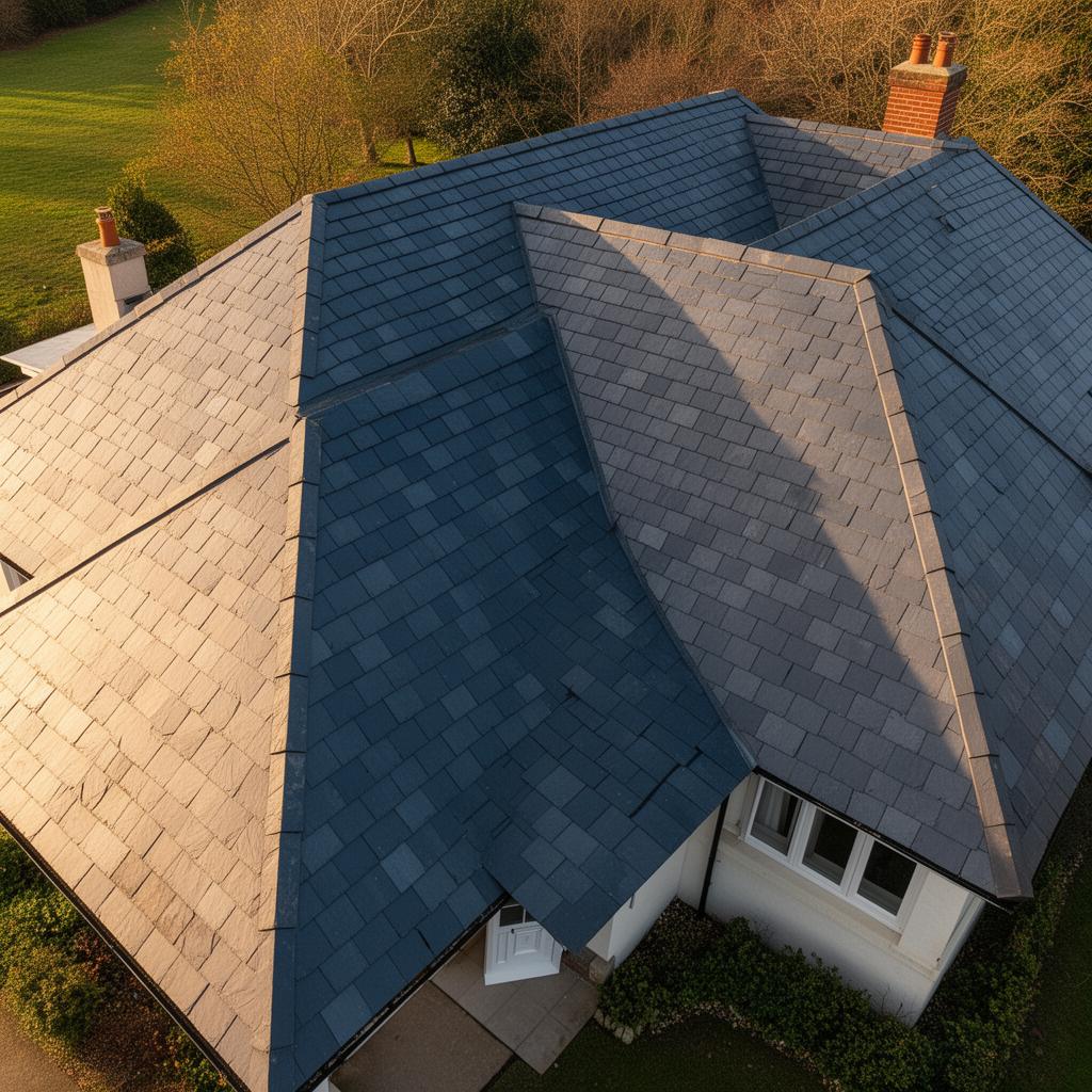 Aerial view of completed slate roof