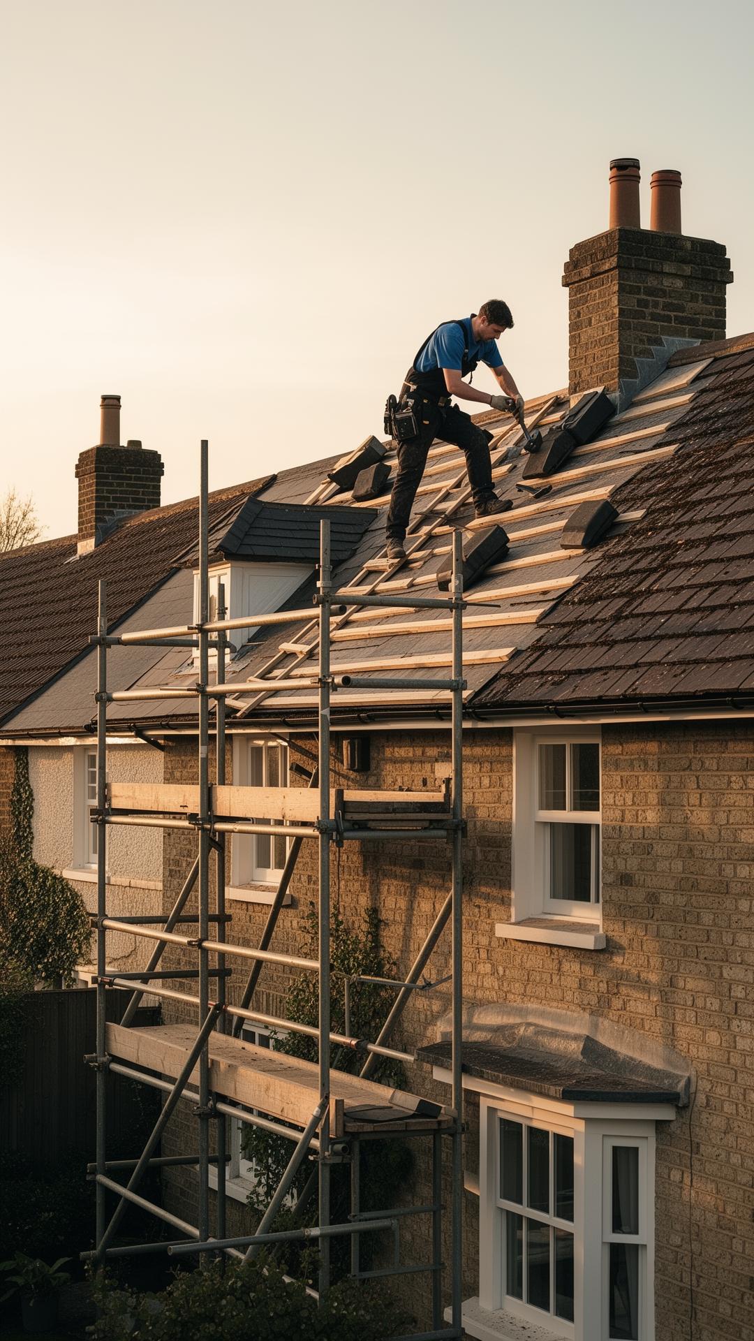 Roofer working on scaffolding